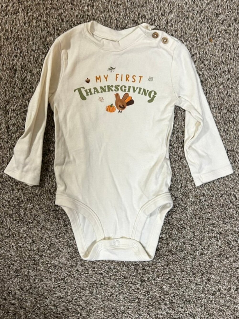 "My First Thanksgiving" White Longsleeve One Piece Wooden Buttons Sz 9mo EUC